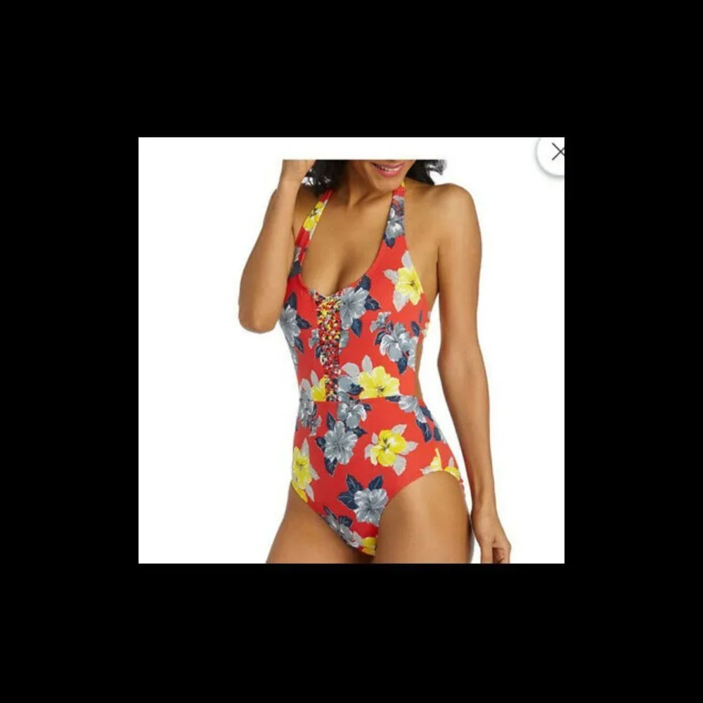 NWT $89 Ambrielle‎ Hawaiian Floral One Piece Swimsuit in Red [SZ Medium ] #3902
